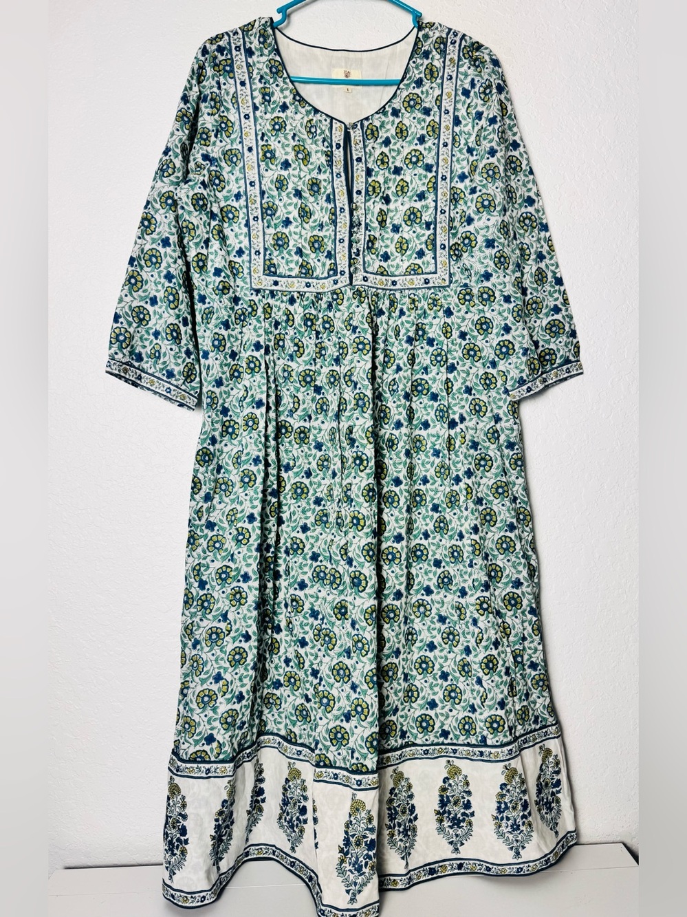 Anokhi Floral Kaftan Dress Size Large Blue Green White Short Sleeve Cotton